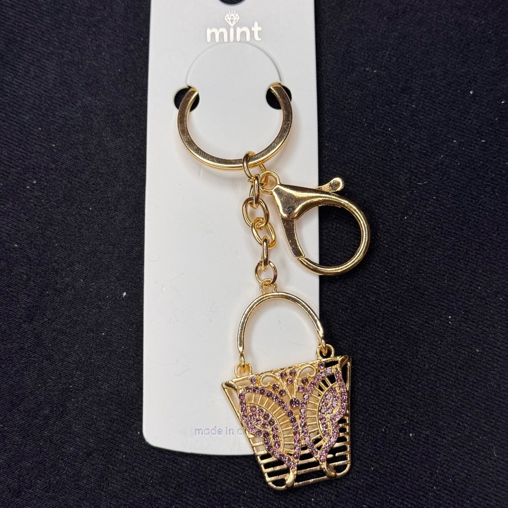 BAG CHARM Mint Gold and Purple Crystal Butterfly Tote Bag Purse Keychain